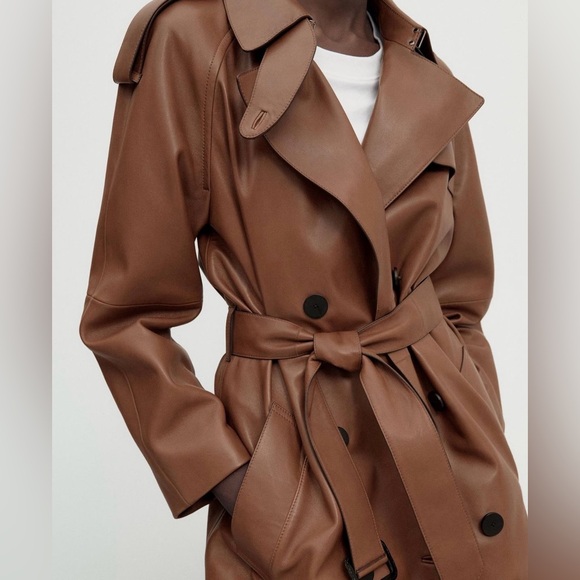 Massimo Dutti leather trench coat brown belted classic casual jacket - Picture 8 of 13